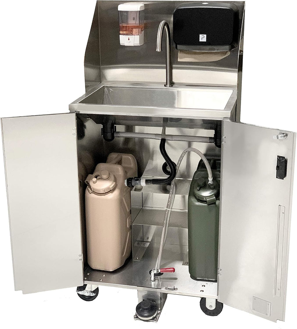 Pro Series Portable Handwashing Sink – All Stainless Steel, Indoor Outdoor, 5 Gallon (19L) Water Tanks, Wheels, Soap and Towel Dispensers, Gooseneck Faucet