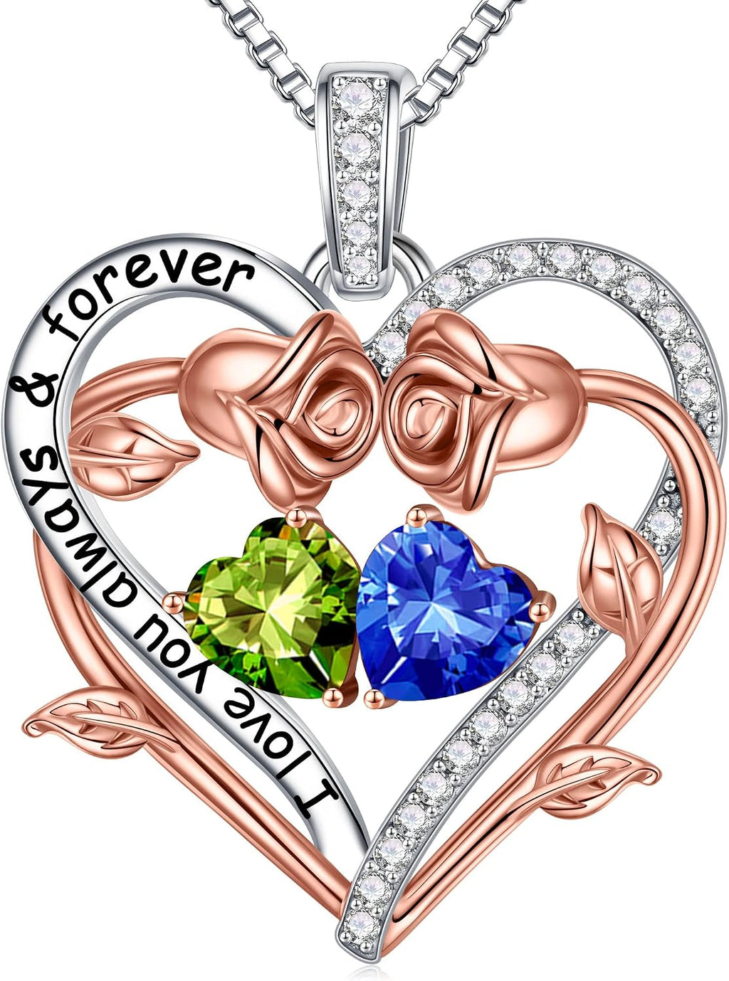 Iefil Rose Heart Double Birthstone Necklace Gifts for Wife Girlfriend Her Women, Birthstone Jewelry Gemstone Birthday Gifts for Mom Grandma Her Wife Women