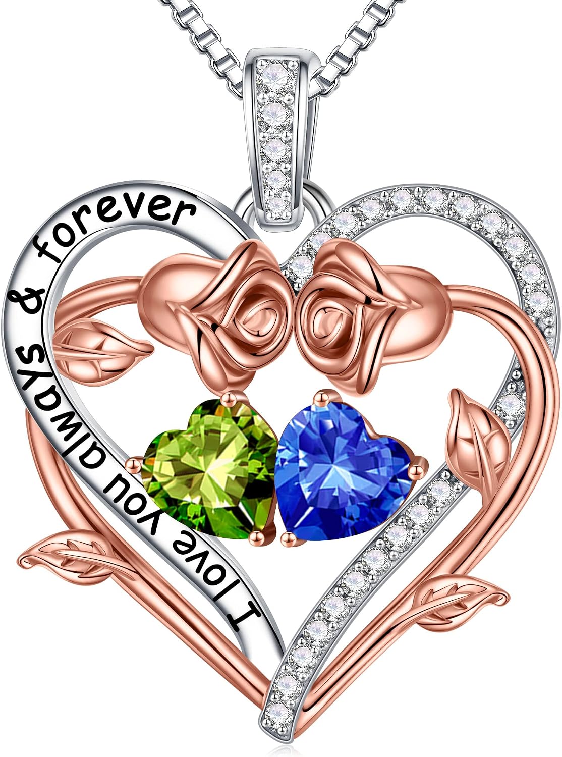 Iefil Rose Heart Double Birthstone Necklace Gifts for Wife Girlfriend Her Women, Birthstone Jewelry Gemstone Birthday Gifts for Mom Grandma Her Wife Women