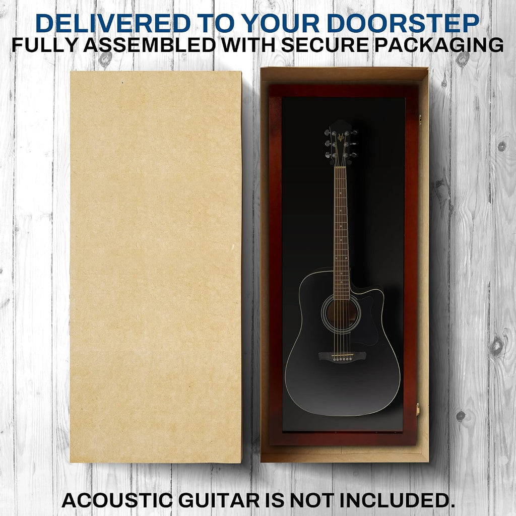 PENNZONI Acoustic Guitar Display Case - Acrylic Acoustic Guitar Case - Guitar Display Case Wall Mount Made from Hardwood Frame & Clear Acrylic - Cherry w/ Black Felt