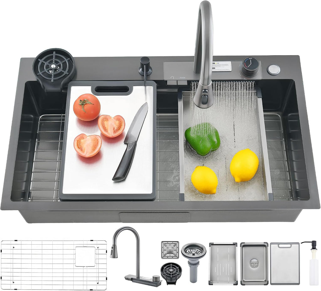 30' x 19.7' Black-Gray Waterfall Kitchen Sink, Drop In Stainless Steel Modern Single Bowl Sink with Pull-Out Spray Faucet, Cup Washer & Accessories