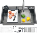 30' x 19.7' Black-Gray Waterfall Kitchen Sink, Drop In Stainless Steel Modern Single Bowl Sink with Pull-Out Spray Faucet, Cup Washer & Accessories