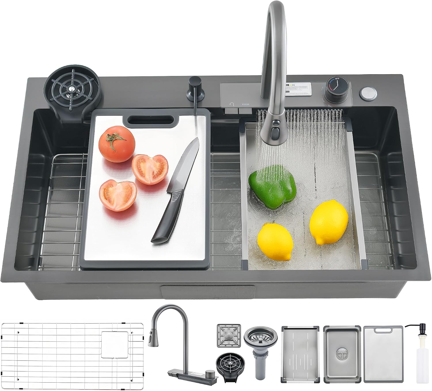 26' x 19.7' Black-Gray Waterfall Kitchen Sink, Drop In Stainless Steel Modern Single Bowl Sink with Pull-Out Spray Faucet, Cup Washer & Accessories