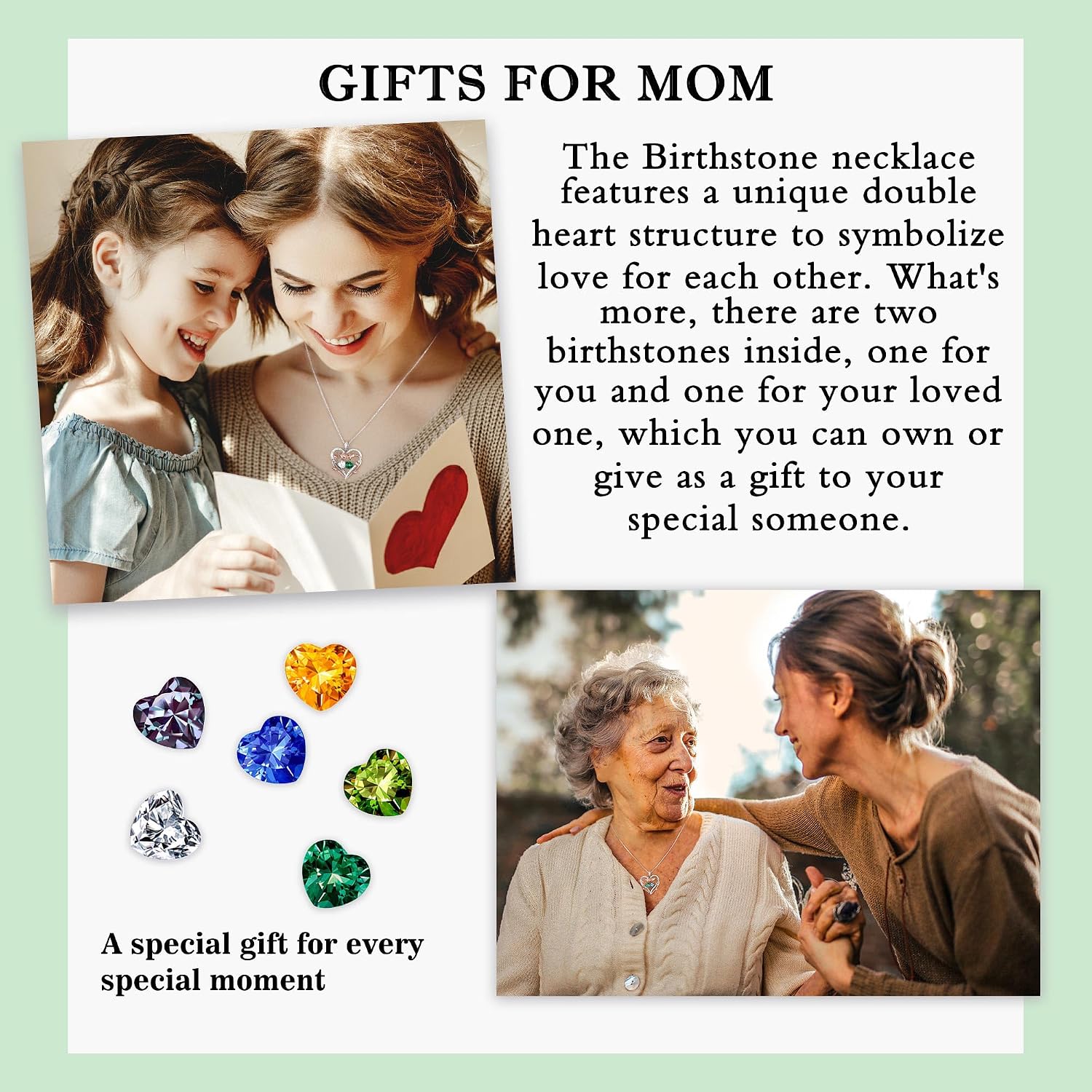 Iefil Rose Heart Double Birthstone Necklace Gifts for Wife Girlfriend Her Women, Birthstone Jewelry Gemstone Birthday Gifts for Mom Grandma Her Wife Women