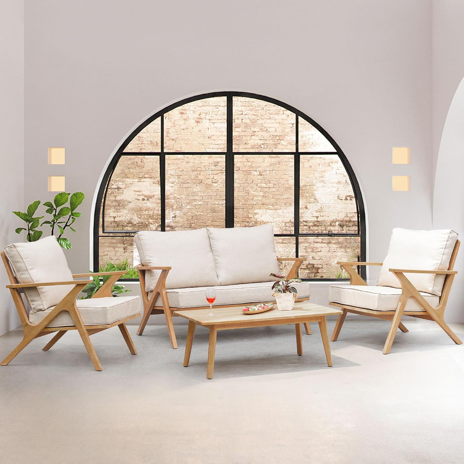 4 Pieces Acacia Wood Patio Furniture Set, Outdoor Seating Sofa Set with Grey Cushions & Back Pillow, Outdoor Conversation Set with Coffee Table (Grey+Brown-GB)