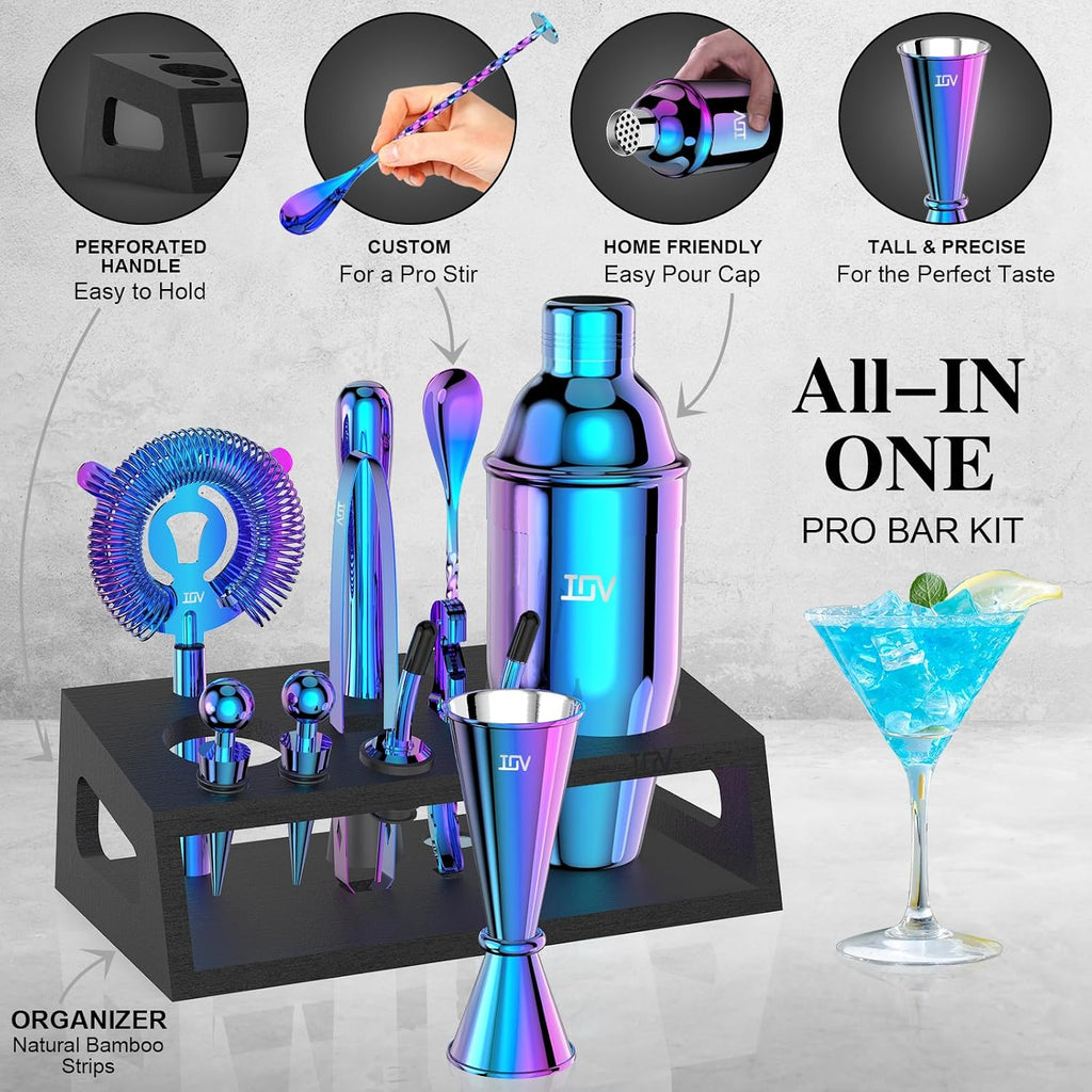 IOV Ice Bucket Set | Cocktail Shaker Bar Set | Mixology Bartender Kit with Stand | 3 L Stainless Steel Double Wall Ice Bucket with Lid, Scoop, Tongs, and Strainer, 12-Piece 24oz Martini Shaker Set