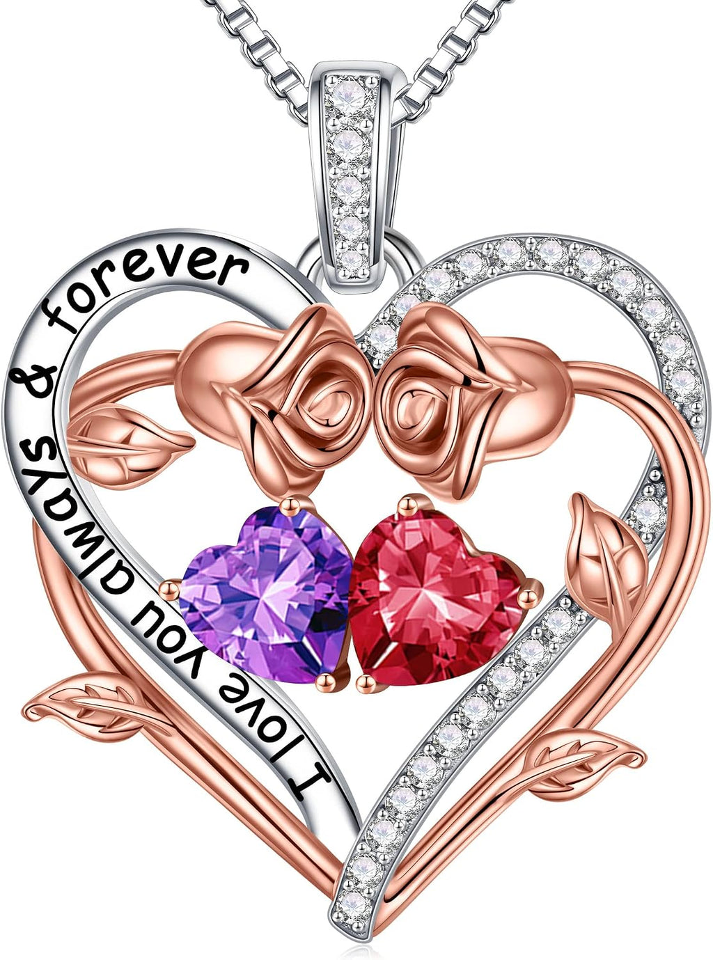 Iefil Rose Heart Double Birthstone Necklace Gifts for Wife Girlfriend Her Women, Birthstone Jewelry Gemstone Birthday Gifts for Mom Grandma Her Wife Women