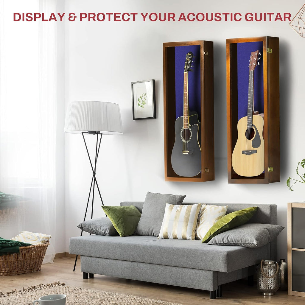 PENNZONI Acoustic Guitar Display Case - Acrylic Acoustic Guitar Case - Guitar Display Case Wall Mount Made from Hardwood Frame & Clear Acrylic - Walnut w/Felt Blue