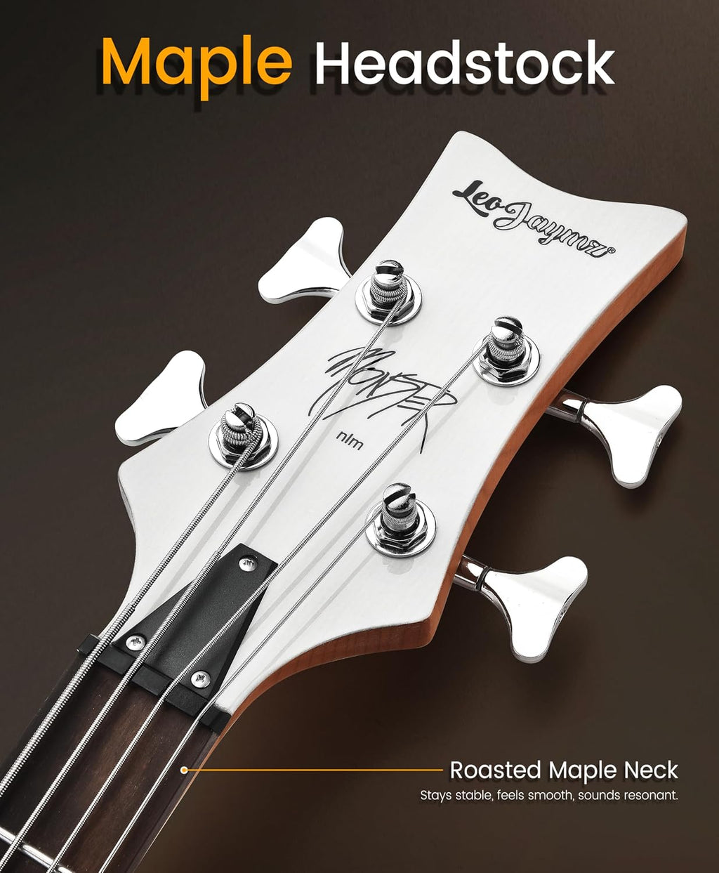 Leo Jaymz Monster 4-String Bass Guitar - Dual PB-Style Pickups, Solid Ash Body, Ebony Fingerboard, Transparent White Gloss