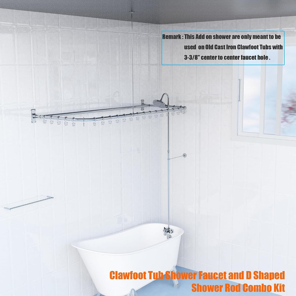 Clawfoot Tub Shower Kit,Add On Shower With Bathcock Diverter Faucet and 60' D Type Claw foot Tub Shower Curtain Rod Kit,D-Style Shower Rod and Clawfoot Tub Shower Faucet Set,Chrome Plated