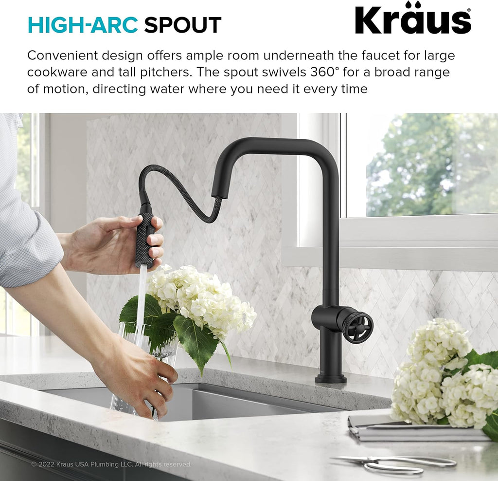KRAUS Urbix Industrial Pull-Down Single Handle Kitchen Faucet in Matte Black, KPF-3126MB