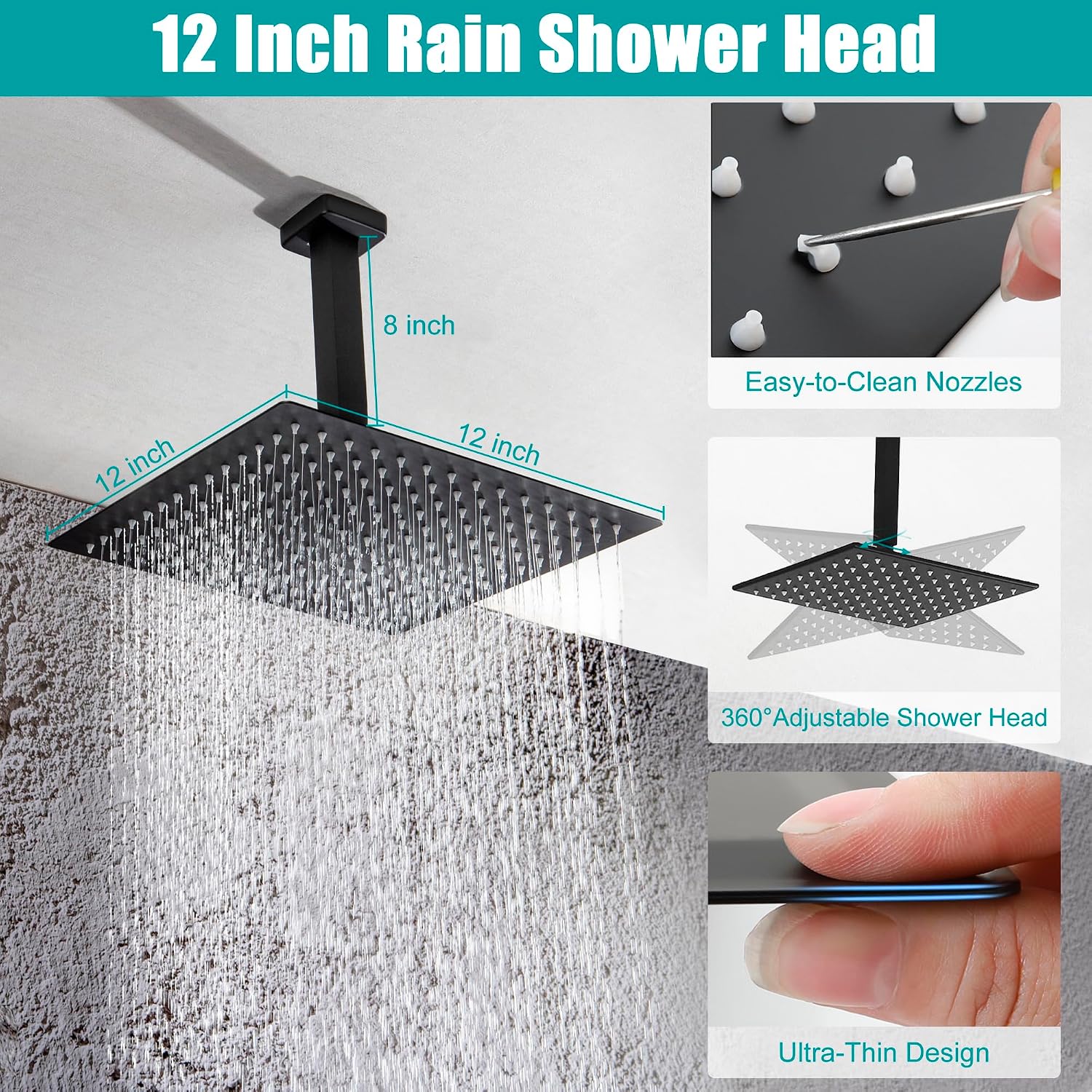 SKOWLL Shower Faucet Set Digital Display, 12 Inch Ceiling Mount Rainfall Shower Head with Handheld Combo, Matte Black Shower Head and Handle Set with Valve