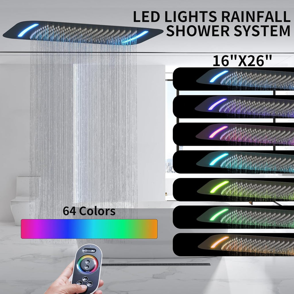 Matte Black Shower System Digital Display Full Body Shower System with 16 x 26 Inch Ceiling Rain LED Shower Head, Handheld Shower and 6 PCS Body Jets