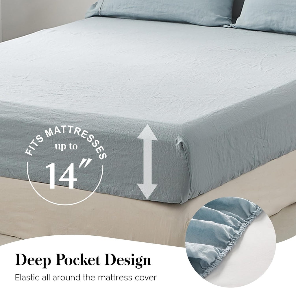 Simple&Opulence 100% Pure Linen Sheet Set Queen Size, Natural French Flax Solid Color 4 Pcs Washed Breathable, Farmhouse Bedding (1 Flat Sheet,1 Fitted Sheet,2 Pillowcases)-Embroidery Dusty Blue