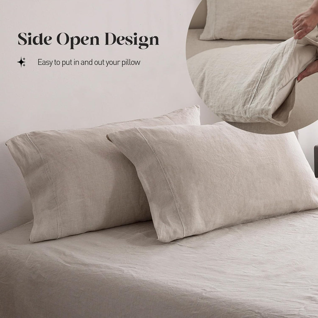 Simple&Opulence 100% Pure Linen Sheet Set Twin Size, Natural French Flax Solid Color 3 Pcs Washed Breathable, Farmhouse Bedding (1 Flat Sheet,1 Fitted Sheet,1 Pillowcase)-Embroidery Linen