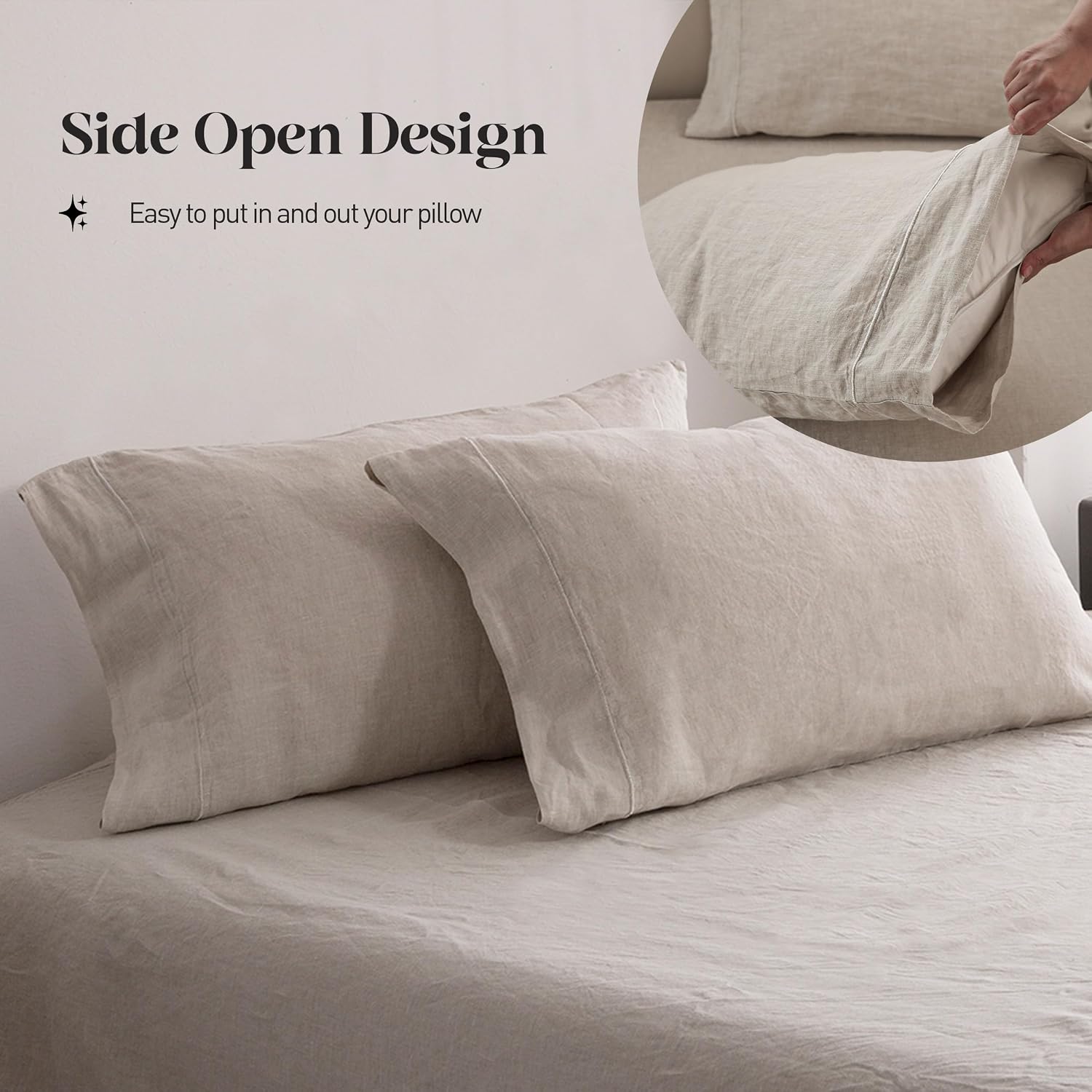 Simple&Opulence 100% Pure Linen Sheet Set Twin Size, Natural French Flax Solid Color 3 Pcs Washed Breathable, Farmhouse Bedding (1 Flat Sheet,1 Fitted Sheet,1 Pillowcase)-Embroidery Linen