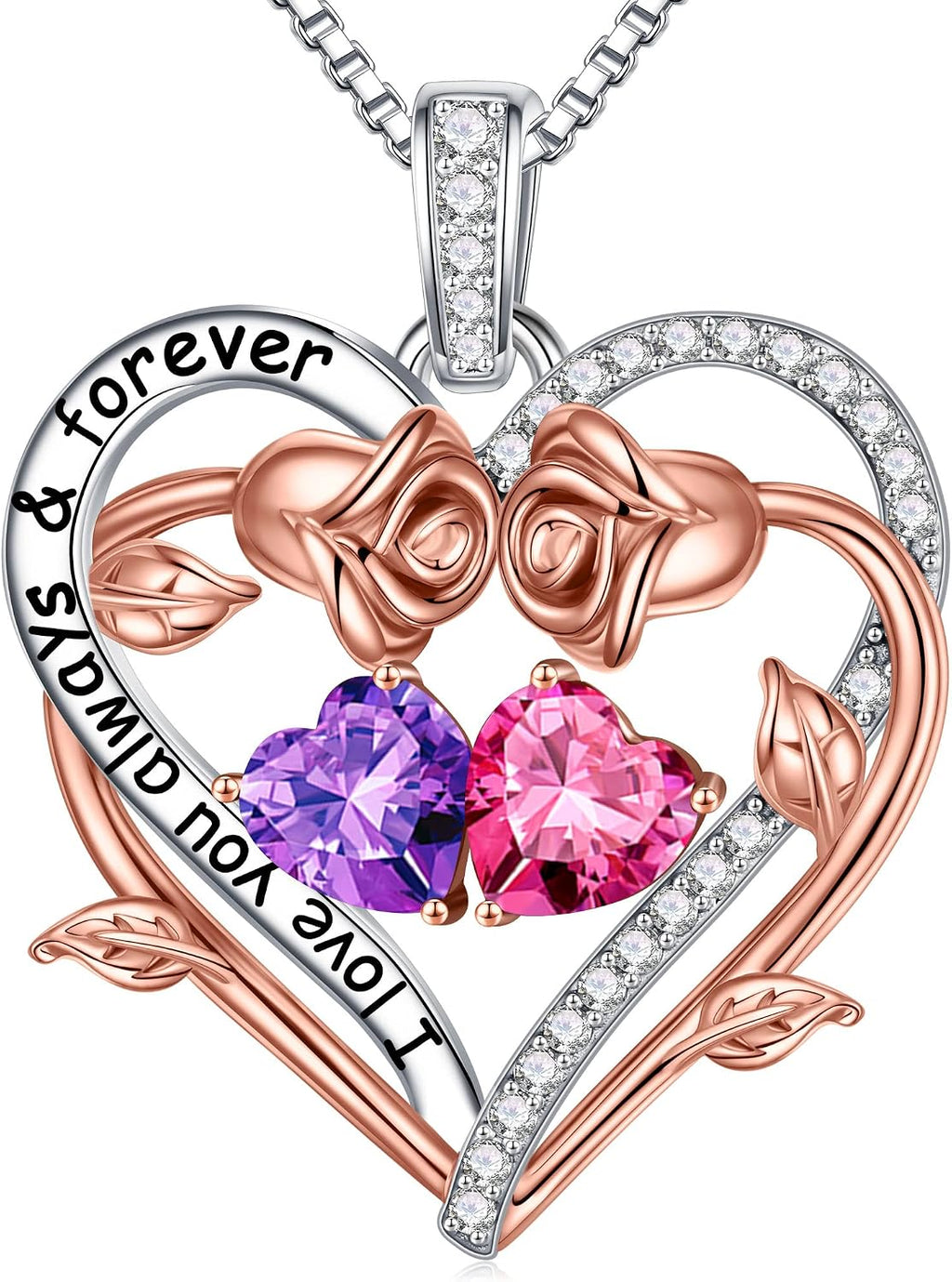 Iefil Rose Heart Double Birthstone Necklace Gifts for Wife Girlfriend Her Women, Birthstone Jewelry Gemstone Birthday Gifts for Mom Grandma Her Wife Women