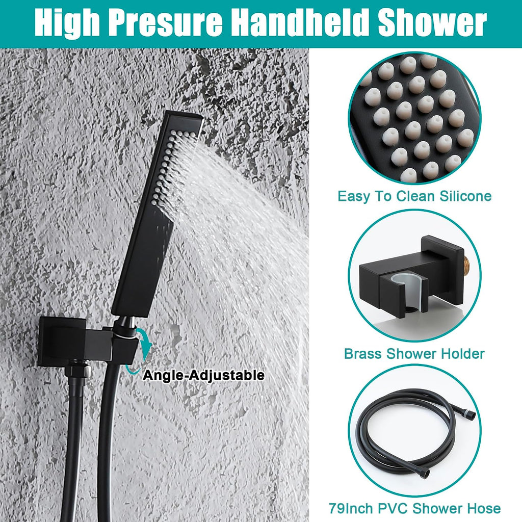 SKOWLL Matte Black Shower Faucet Set Modern Shower Temperature Digital Display, Black Bathroom Faucets Shower System, 12 Inch Shower Head and Faucet Set