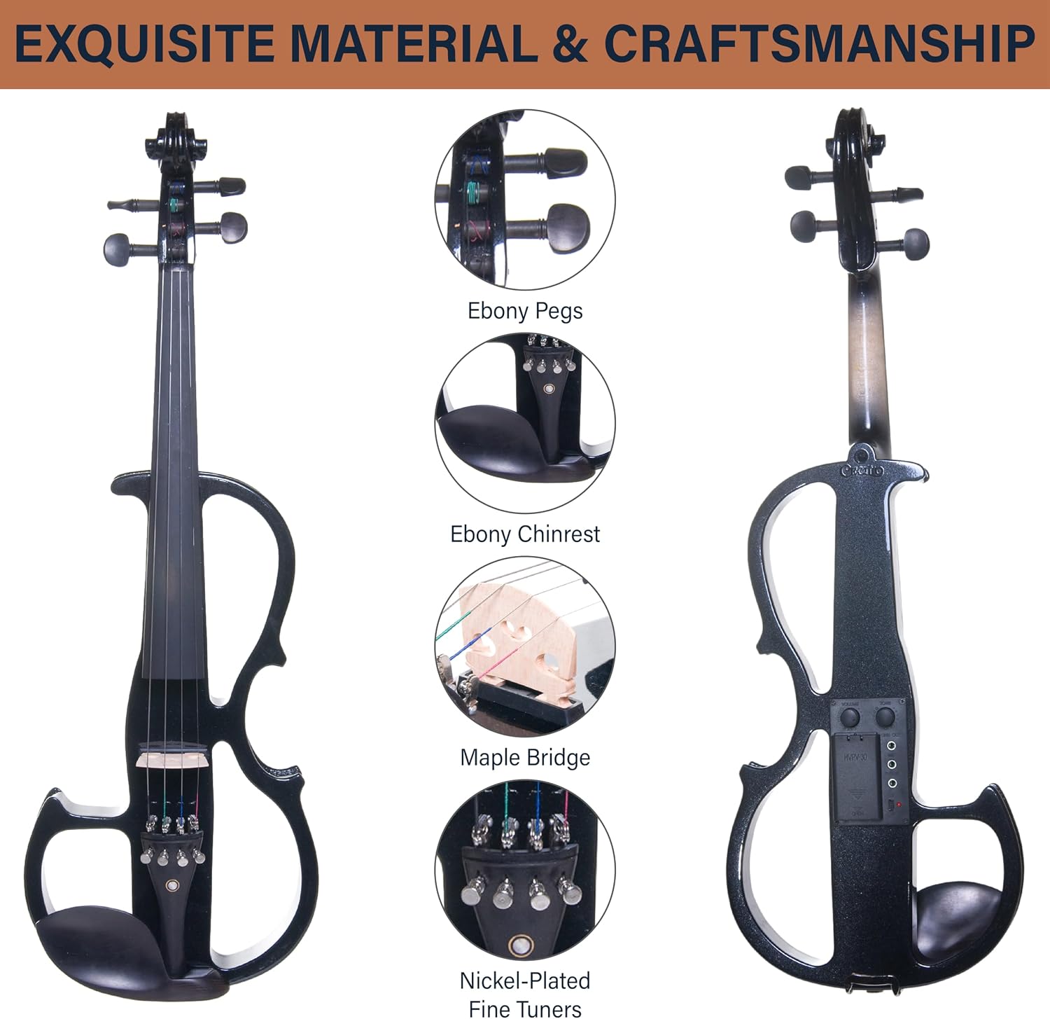 Cecilio Silent Electric Solid Wood Violin Kit with Ebony Fittings, Full Size 4/4 Electric Violin for Beginner and Professional Musicians, Black Metallic