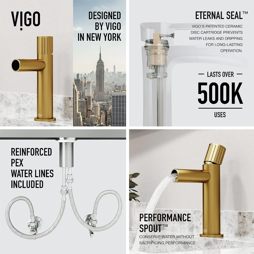 VIGO Ashford Single-Handle Single-Hole Mount Bathroom Sink Faucet, 8-Inch, Matte Brushed Gold, Modern Design, Solid Brass, 1.2 GPM WaterSense & Ceramic Disc Valve, Corrosion-Resistant