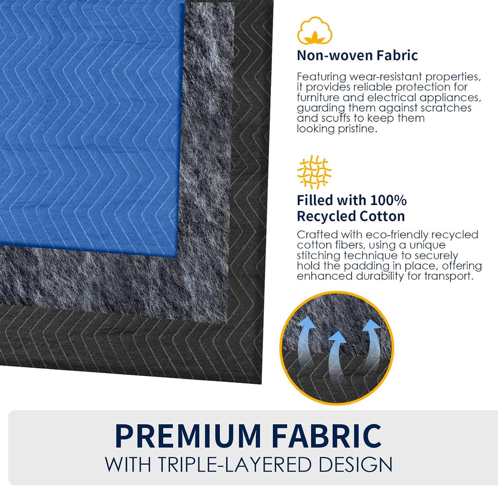 Moving Blankets 12 Packs, Extra Large 80'x72' Furniture Moving Pads, Reusable Packing Blankets, Professional Quilted Furniture Shipping & Storage Pads for Couch Desk Cabinet Appliances, Blue and Black