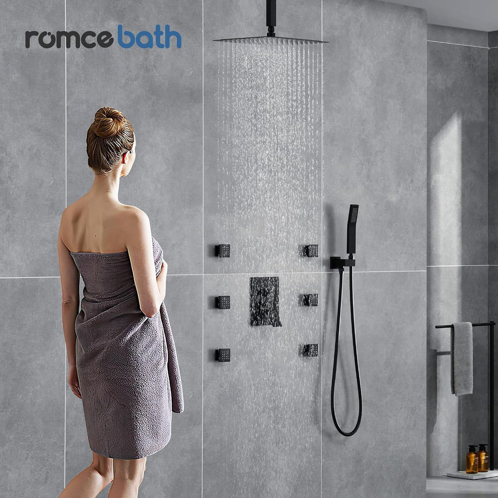 Rain Shower System With Complete 6 Pcs Body Sprays Jets And Pressured Balance Rough-in Valve,12Inch Rainfall Shower Head And Handheld, Modern Matte Black Ceiling Mount Shower Faucets Sets