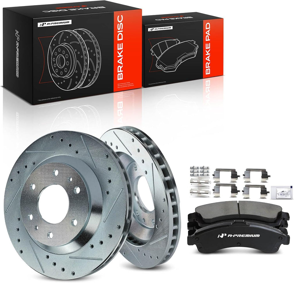 A-Premium 12.01 inch (305mm) Front Drilled and Slotted Disc Brake Rotors + Ceramic Pads Kit Compatible with Select Chevrolet, GMC, Buick, Isuzu and Oldsmobile Models - Trailblazer, Rainier, Envoy