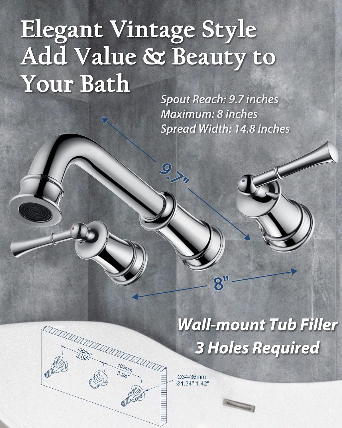 High Flow Wall Mount Tub Filler with Rough-in Valve, Brass Roman Tub Faucet 2 Handle Bathtub Faucet 360° Swivel Spout, Polished Chrome(B2306-CP)