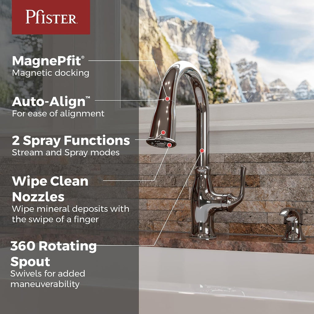 Pfister Rosslyn Kitchen Faucet with Pull Down Sprayer and Soap Dispenser, Single Handle, High Arc, NSF Certified, Polished Chrome Finish, F5297RSSRC