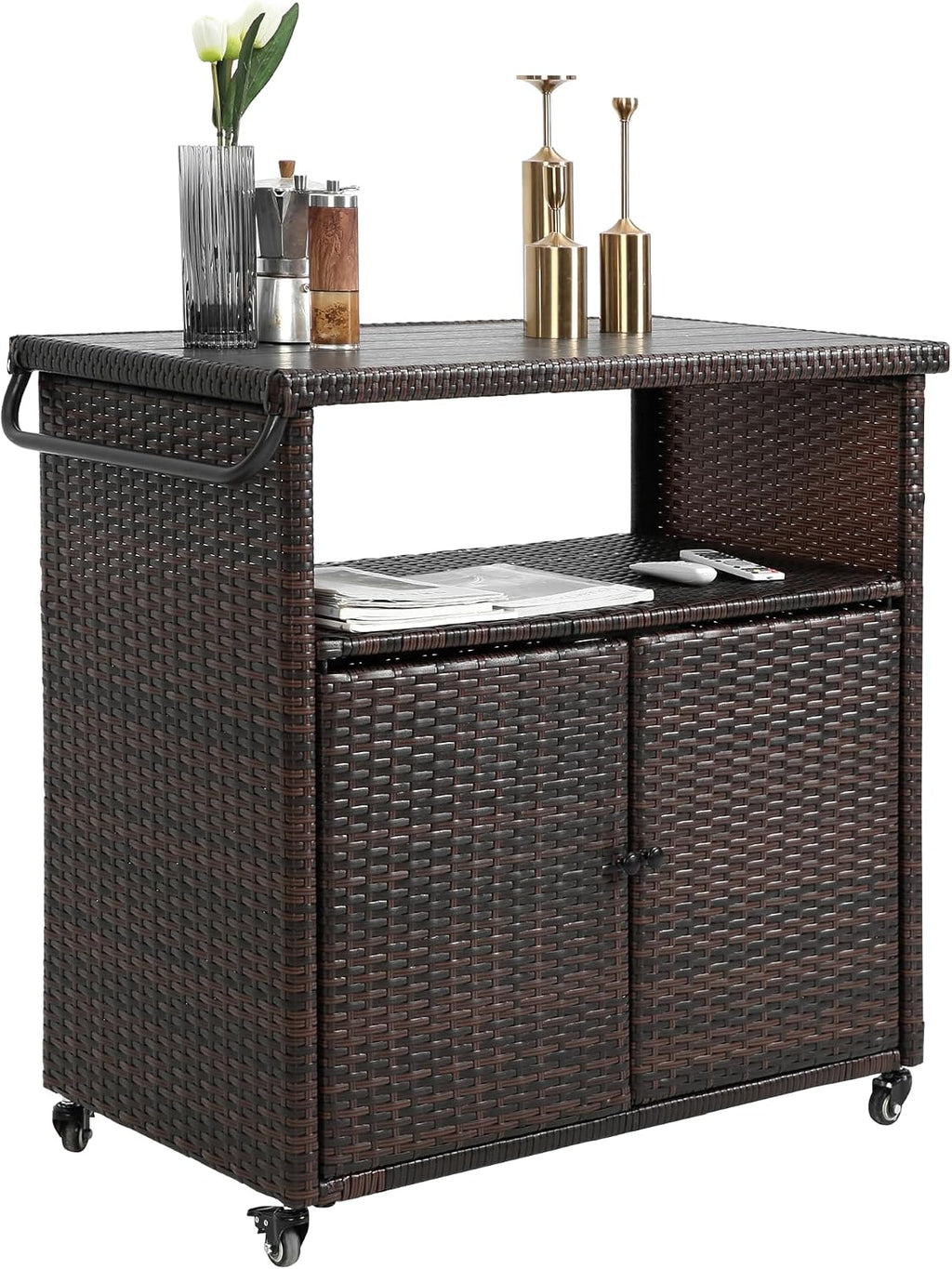 Outdoor Wicker Bar Cart with Wheels, Outdoor Rolling Kitchen Island Grill Cart with Storage Cabinet, Outside Portable Bar Table for Events, Patio, Porch, Backyard, Garden, Poolside, Black+Brown