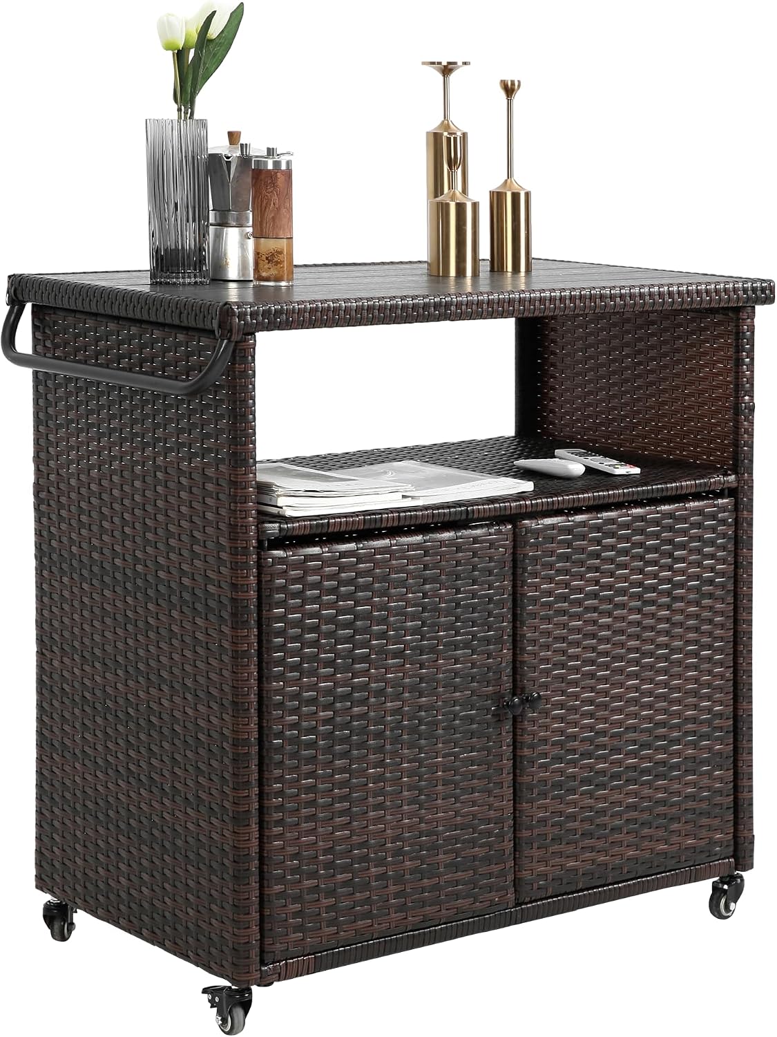 Outdoor Wicker Bar Cart with Wheels, Outdoor Rolling Kitchen Island Grill Cart with Storage Cabinet, Outside Portable Bar Table for Events, Patio, Porch, Backyard, Garden, Poolside, Black+Brown