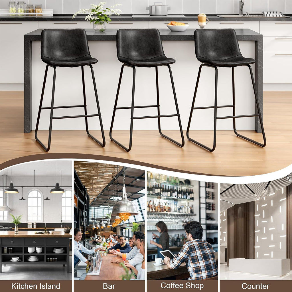 REONEY Bar Stools Set of 4, Faux Leather Counter Height Stools, 26' Modern Barstools with Metal Legs and Footrest, Urban Armless Counter Chairs with Back for Kitchen Island (Black)