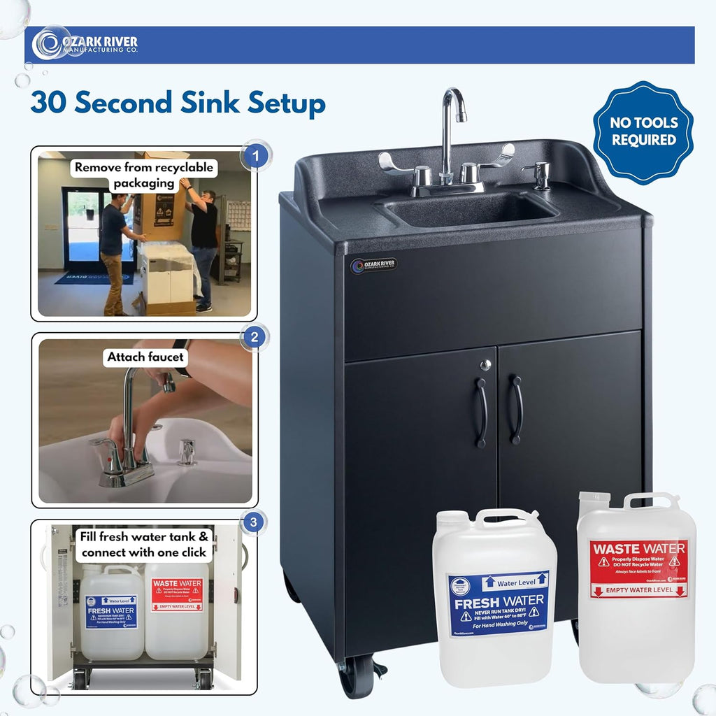 Ozark River Portable Sinks Premier Black & Extra Water Tanks Bundle, Black Laminate-ABS, Portable Sink with Hot Water, Self-Contained Sink, Portable Hand Washing Station, 110V
