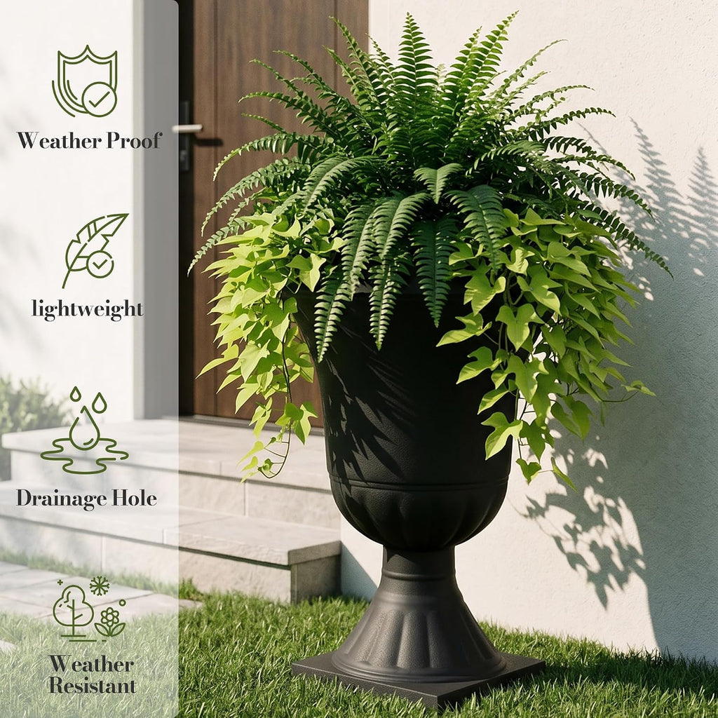 Worth Garden 2-Pack Plastic Urn Planters for Outdoor Plants, 22'' Black Tall Round Classic Resin Traditional Flower Pots - 15 in. Dia Large Imitation Stone Decorative Pot Patio Deck Front Porch