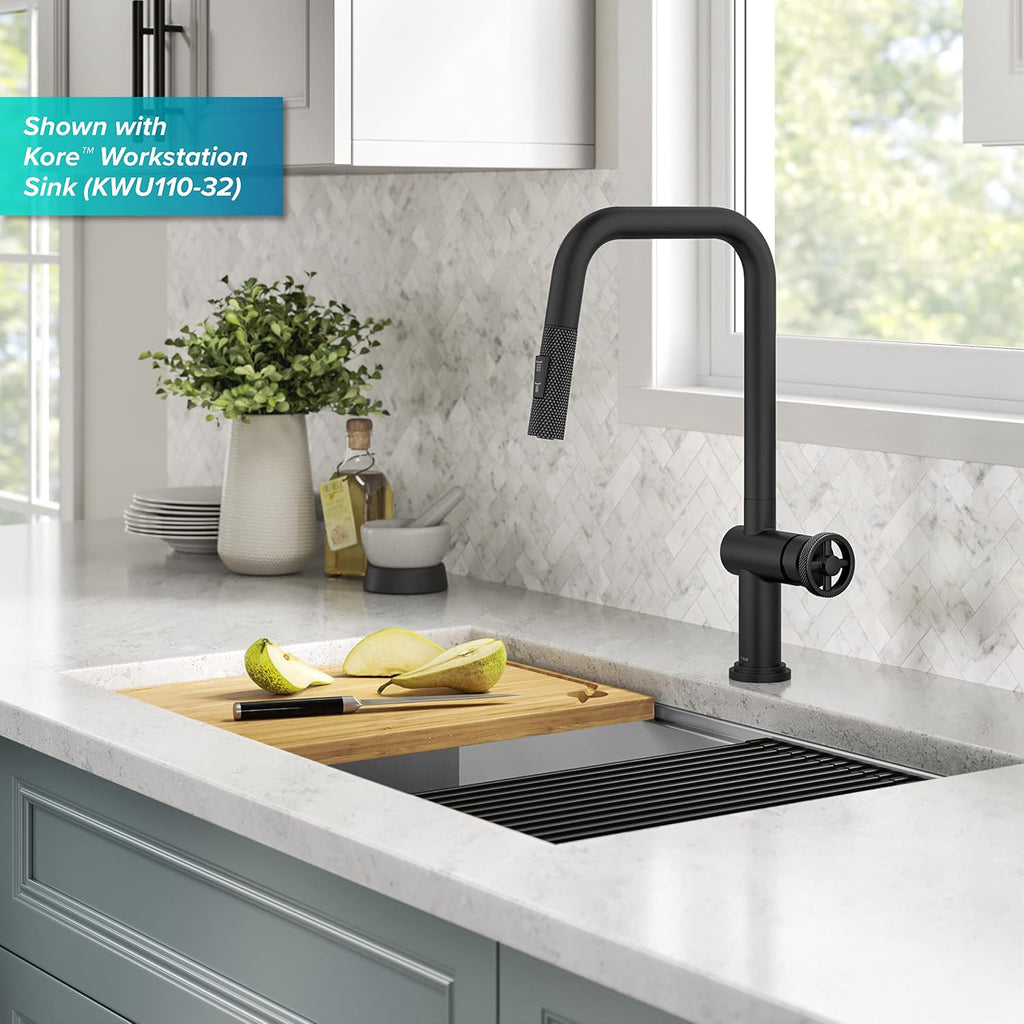 KRAUS Urbix Industrial Pull-Down Single Handle Kitchen Faucet in Matte Black, KPF-3126MB