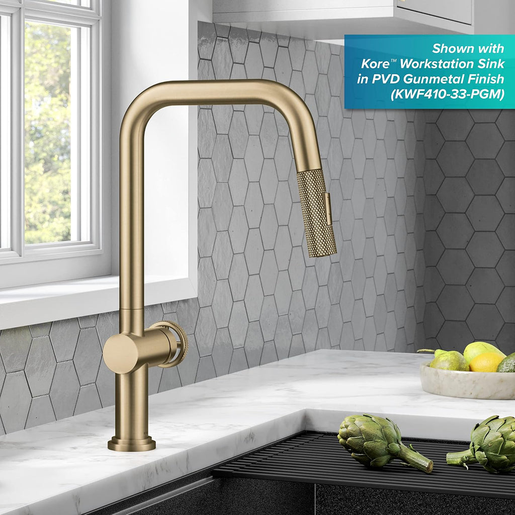 KRAUS Urbix Industrial Pull-Down Single Handle Kitchen Faucet in Brushed Gold, KPF-3126BG