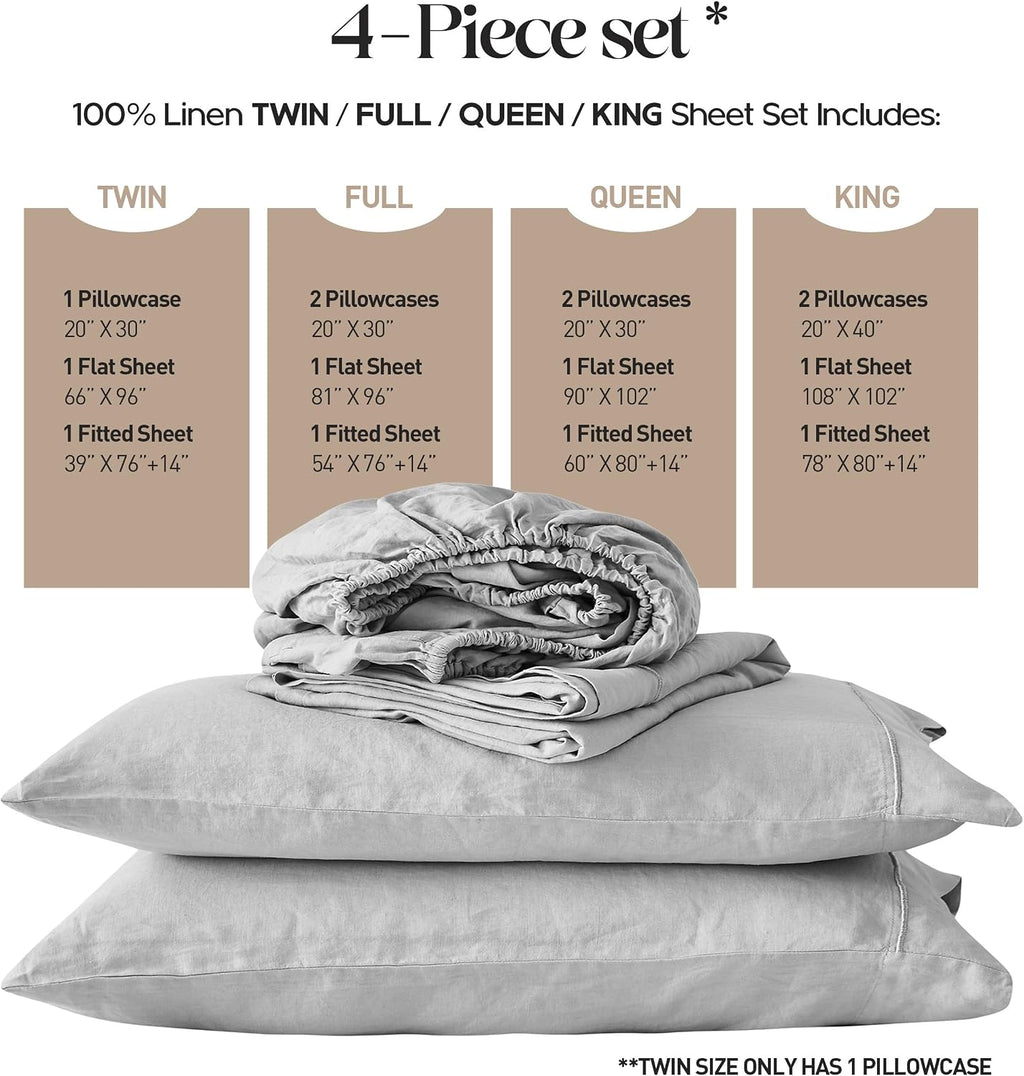Simple&Opulence 100% Pure Linen Sheet Set Queen Size, Natural French Flax Solid Color 4 Pcs Washed Breathable, Farmhouse Bedding (1 Flat Sheet,1 Fitted Sheet,2 Pillowcases)-Embroidery Grey