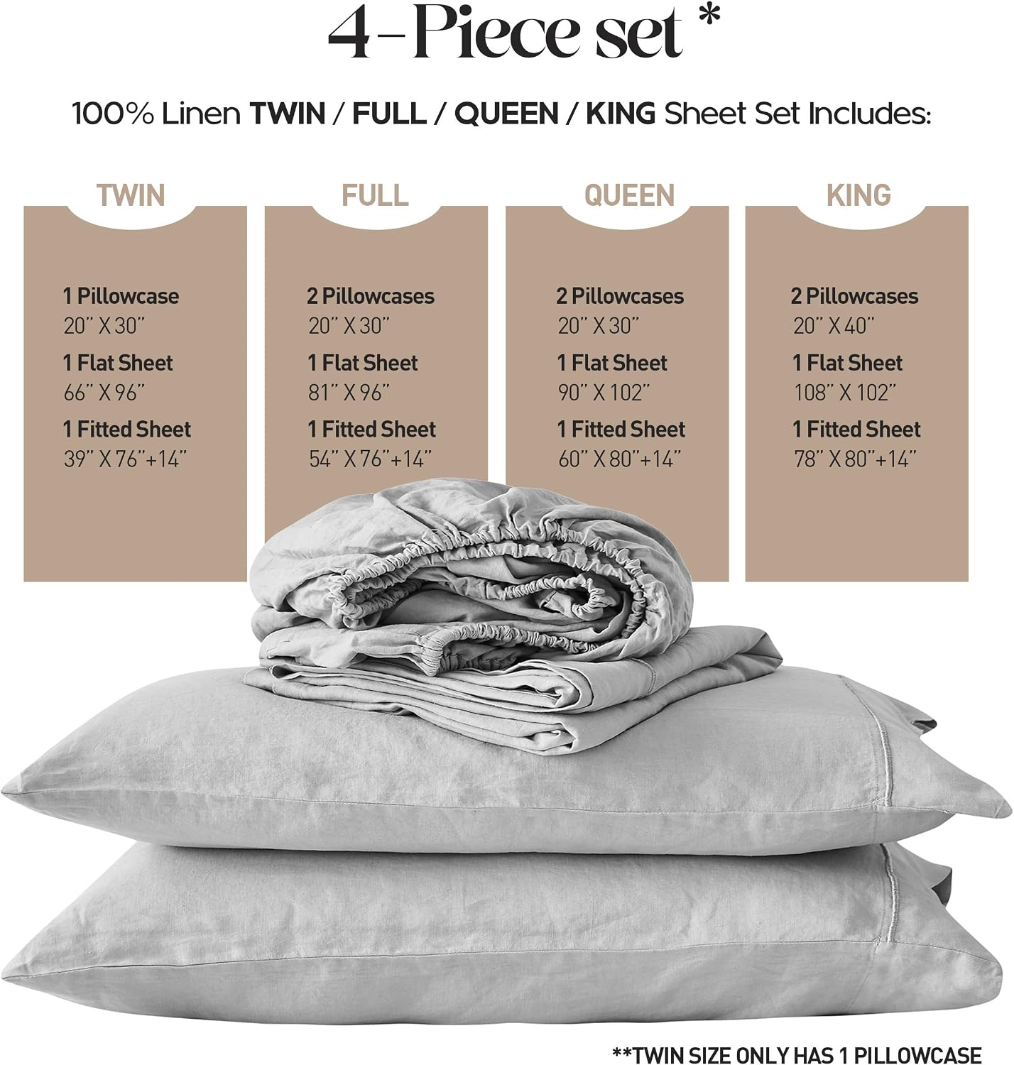 Simple&Opulence 100% Pure Linen Sheet Set Queen Size, Natural French Flax Solid Color 4 Pcs Washed Breathable, Farmhouse Bedding (1 Flat Sheet,1 Fitted Sheet,2 Pillowcases)-Embroidery Grey