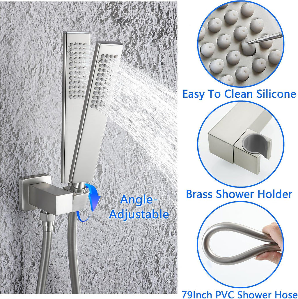 SKWOLL Shower Faucet Sets with Hydro Power Temperature Display, Brushed Nickel 12 Inch Shower Head Combo Kit, 2 Function Wall Mounted Shower Fixtures with Digital Shower Valve