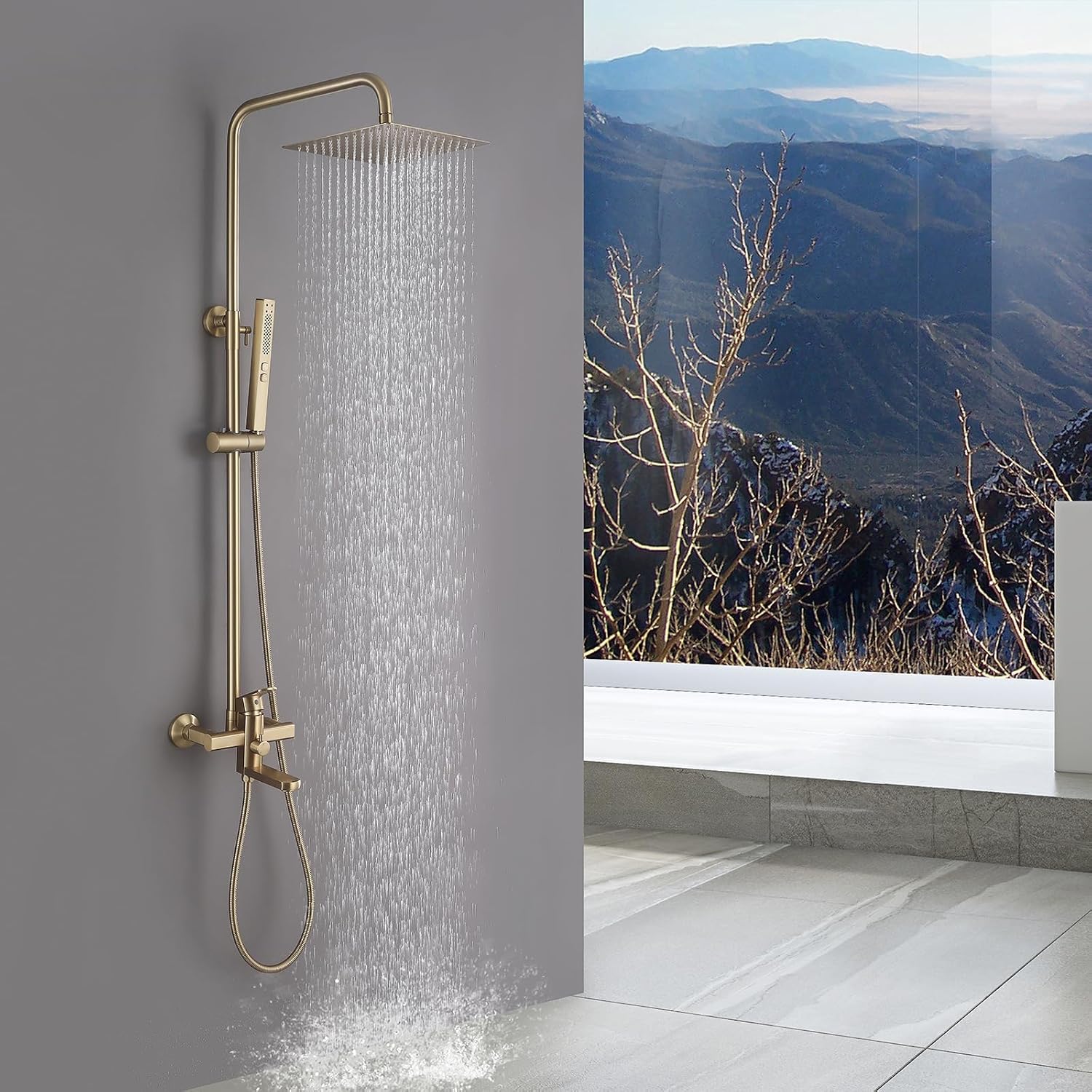 Exposed Shower System 10' Brushed Gold Rainfall Shower Head with 2 Modes Handheld and Tub Faucet Set, Square Shower Head 3 Functions Outdoor Shower Fixtures with Brass Valve, Height Adjustable