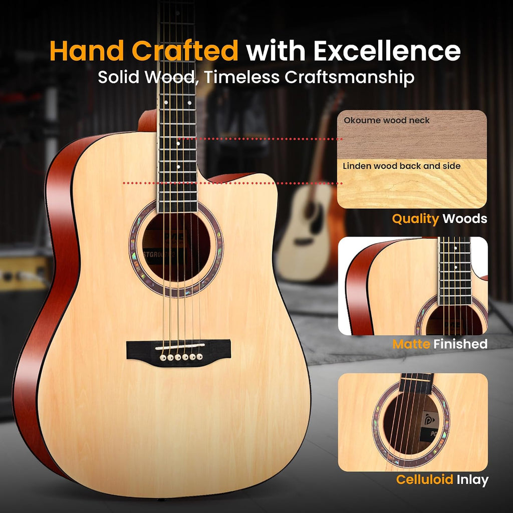Pyle 41' Beginner Acoustic Guitar Kit, Full Size Natural Cutaway Set