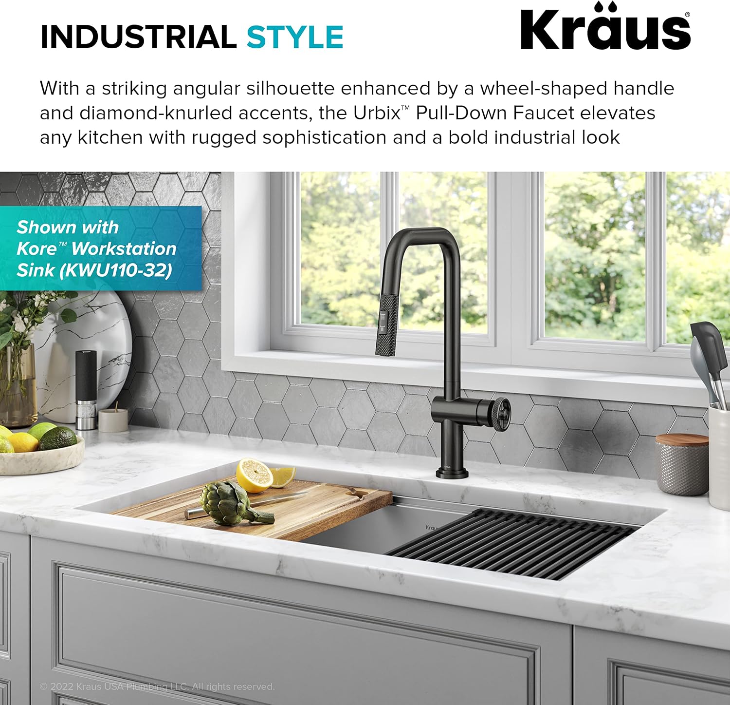KRAUS Urbix Industrial Pull-Down Single Handle Kitchen Faucet in Black Stainless Steel, KPF-3126SB