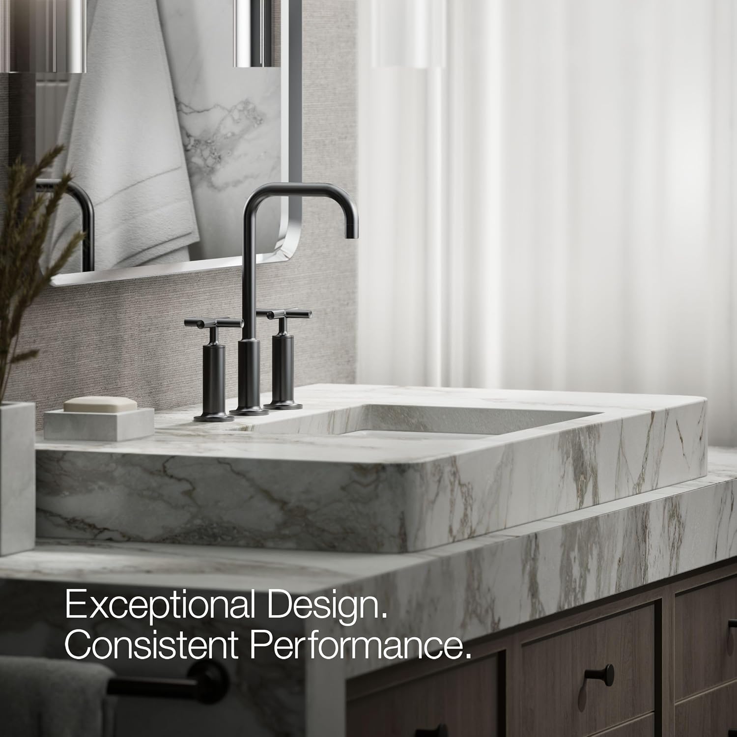 KOHLER K-14408-3-BL Purist® Widespread Bathroom Sink Faucet, 3-Hole, Widespread High Cross Handles and High Gooseneck Spout, 1.2 GPM, Matte Black