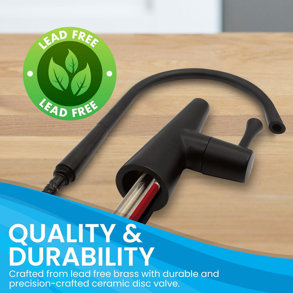 Metpure Airgap 3-Port Brass RO Faucet for Reverse Osmosis Drinking Water Systems. Features Pre-Installed Drain Tubes, Contemporary Design. Includes Wrench and Adapters. (Matte Black)