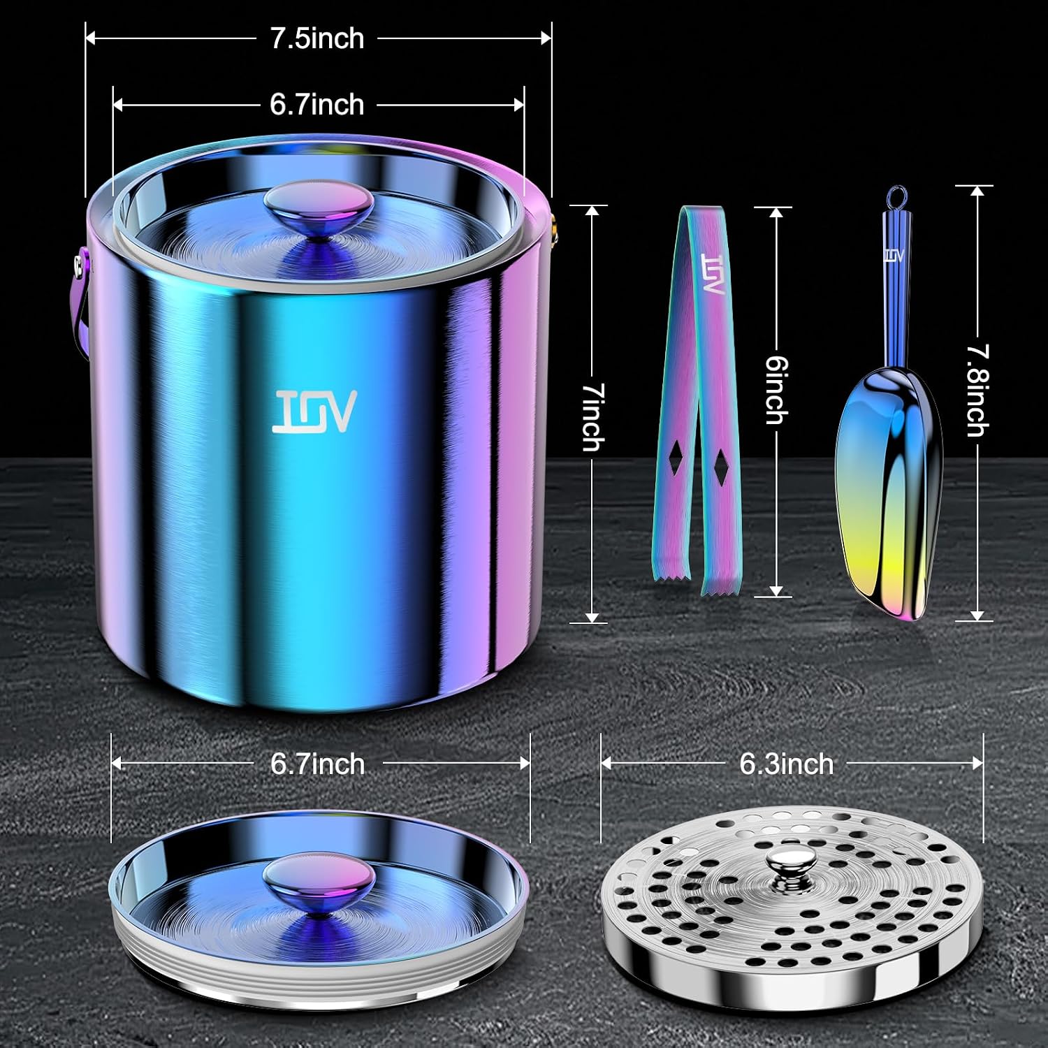 IOV Ice Bucket Set | Cocktail Shaker Bar Set | Mixology Bartender Kit with Stand | 3 L Stainless Steel Double Wall Ice Bucket with Lid, Scoop, Tongs, and Strainer, 12-Piece 24oz Martini Shaker Set