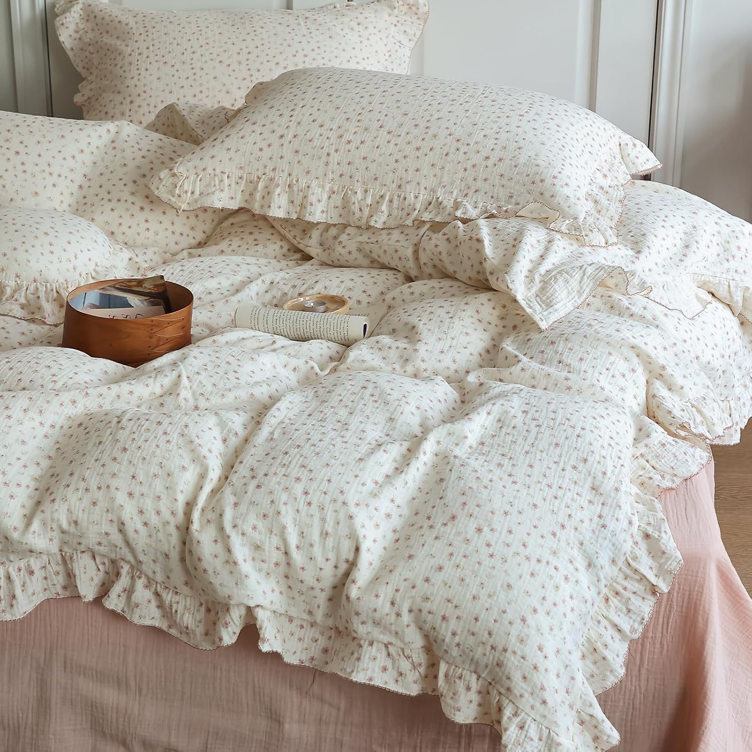 BuLuTu Pink Floral Duvet Cover King with Ruffles, 2-Layer Cotton Muslin Bedding Set Soft Breathable Comforter Cover, Shabby Chic Princess Quilt Cover with 2 Pillowcases