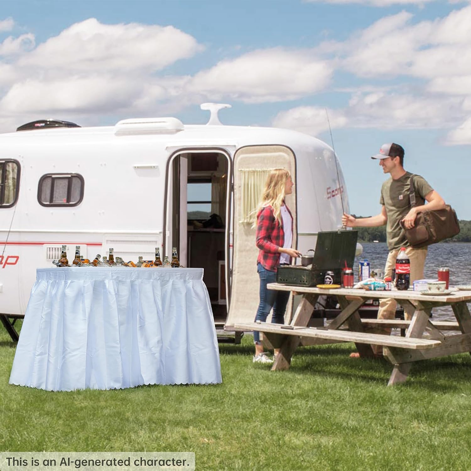 Outdoor Ice Cooler Folding Table, Portable Cooler Table with Removable Matching Skirt, Chill Table for Party BBQ Camping Wedding White