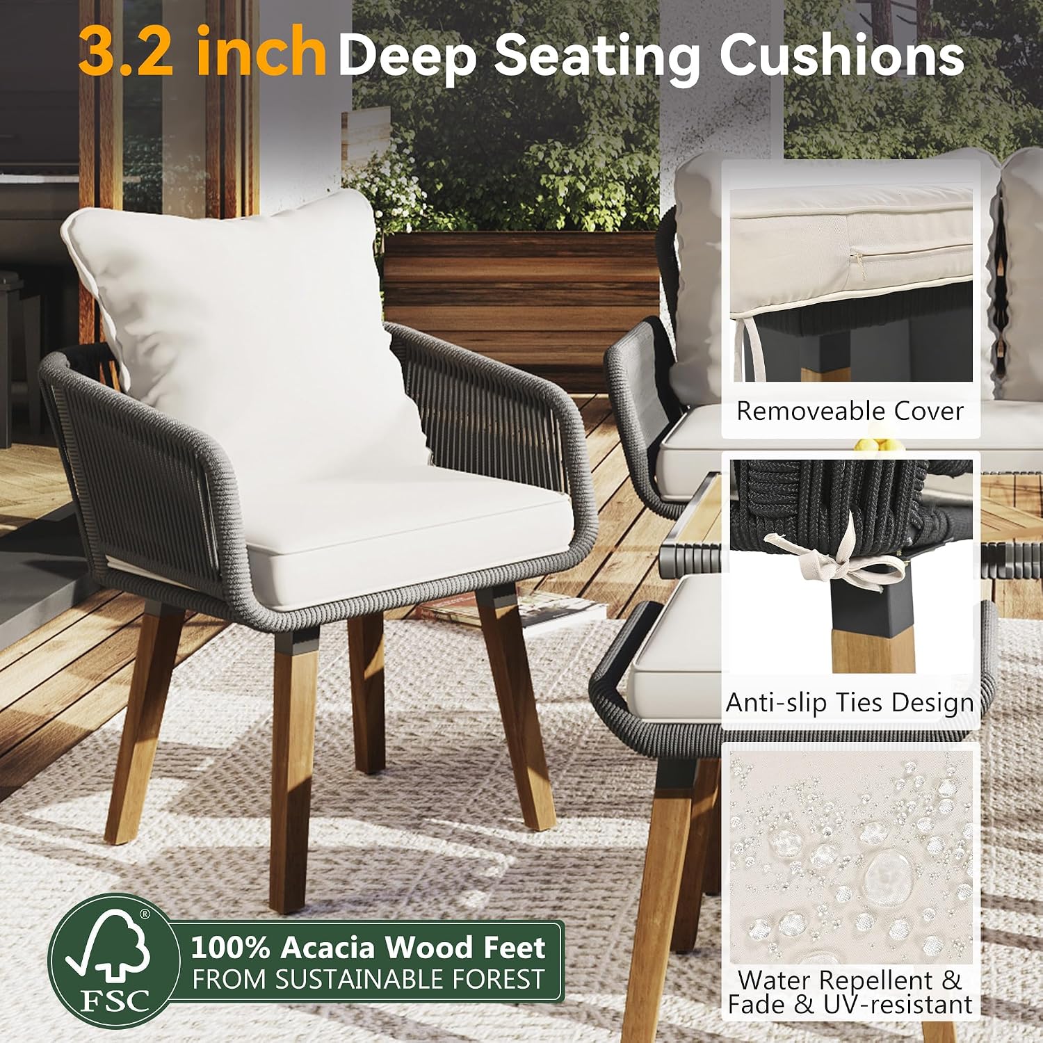 6-Piece Rope Patio Furniture Set, Outdoor Furniture With Acacia Wood Cool Bar Table With Ice Bucket , Deep Seat Patio Conversation Set With Two Stools For Backyard Porch Balcony (Black & Beige-001)