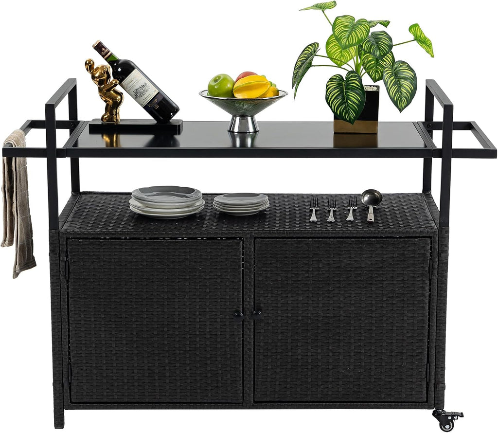 Outdoor Rattan Bar Cart, Rolling Wicker Bar Table with Tempered Glass Tabletop, Patio Wine Beverage Serving Cart with Wheels, Outdoor Storage Table for Porch, Backyard, Garden, Poolside, Black