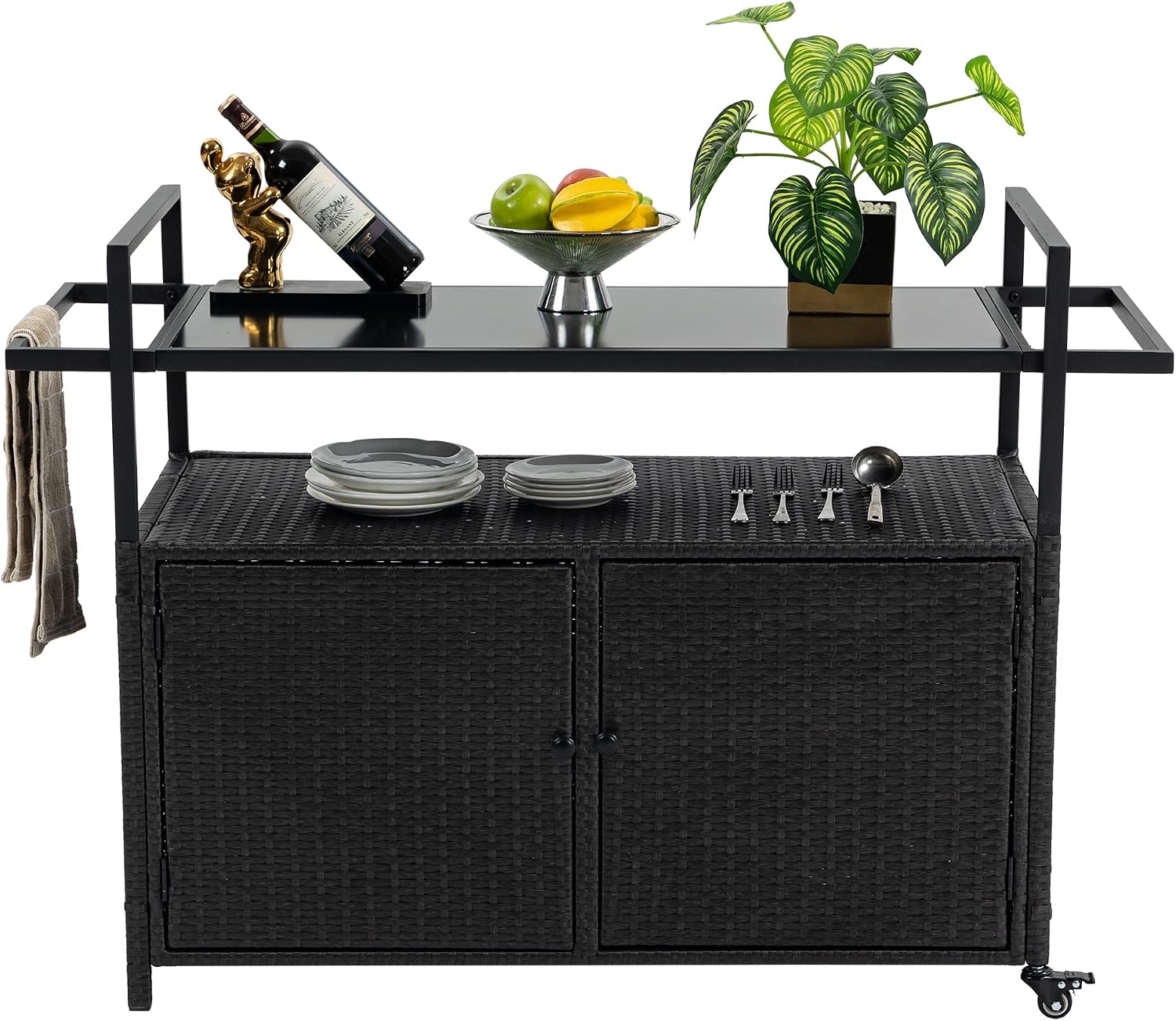Outdoor Rattan Bar Cart, Rolling Wicker Bar Table with Tempered Glass Tabletop, Patio Wine Beverage Serving Cart with Wheels, Outdoor Storage Table for Porch, Backyard, Garden, Poolside, Black